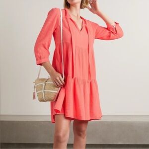 Honorine Giselle Short Dress Coral Orange Tiered Ruffle Cotton size Large $326